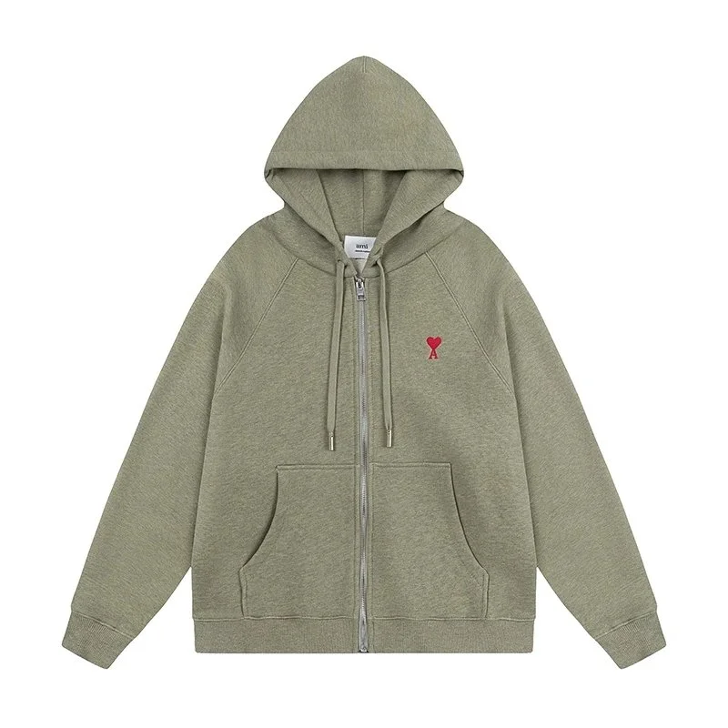 Ami Paris Ami Paris Ami de Coeur Ami-13 Olive Green Zip Hoodie Green - 1