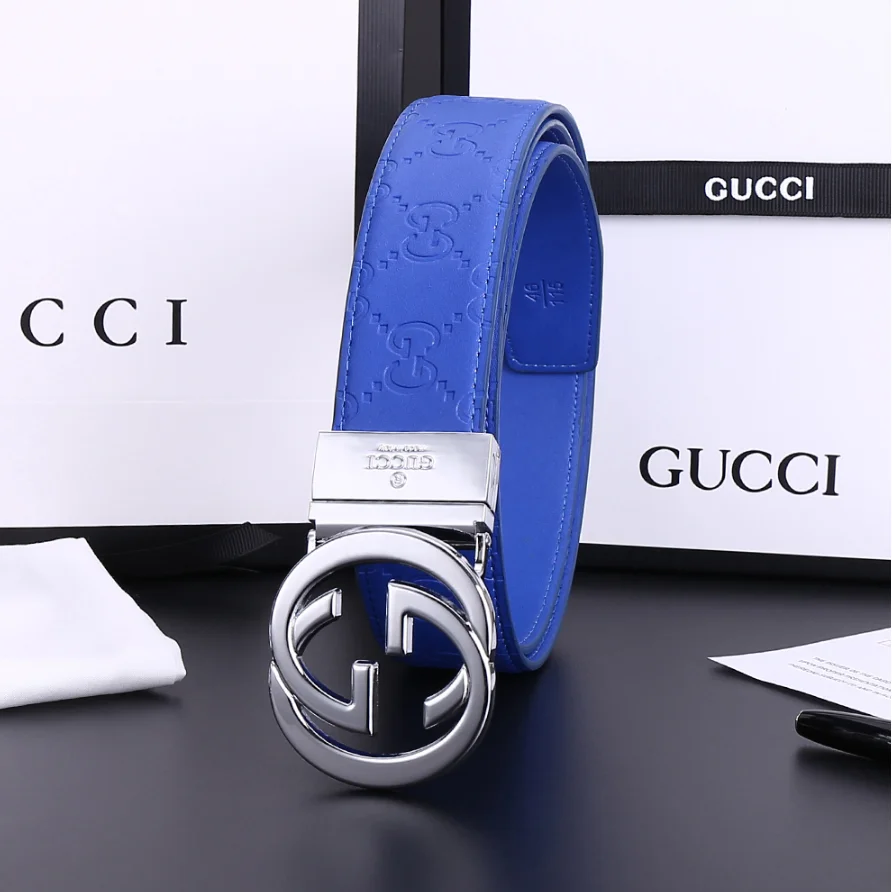 Gucci Gucci Blue Leather Belt with Silver GG Buckle Blue - 1