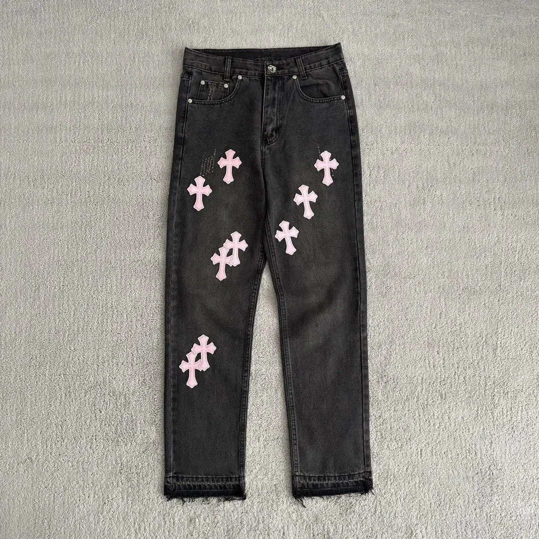 Other Black Denim Jeans with Pink Cross Embroidery Black - 1