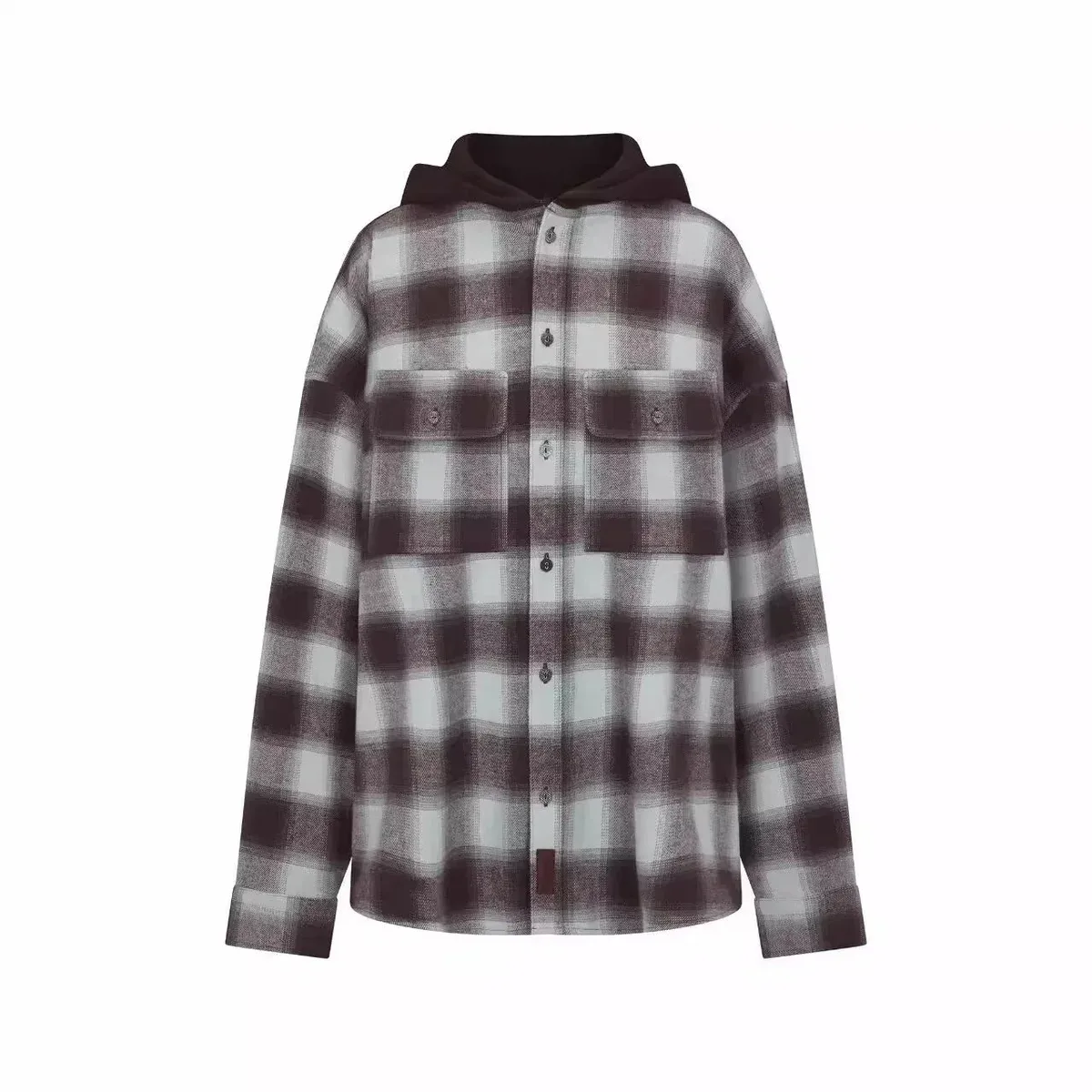 Other Unisex Plaid Hooded Shirt - White & Brown Check Brown - 1