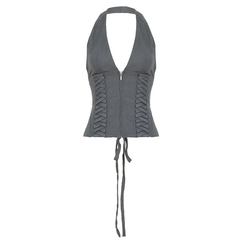Other Gray Halter Top with Lace-Up Detail Grey - 1