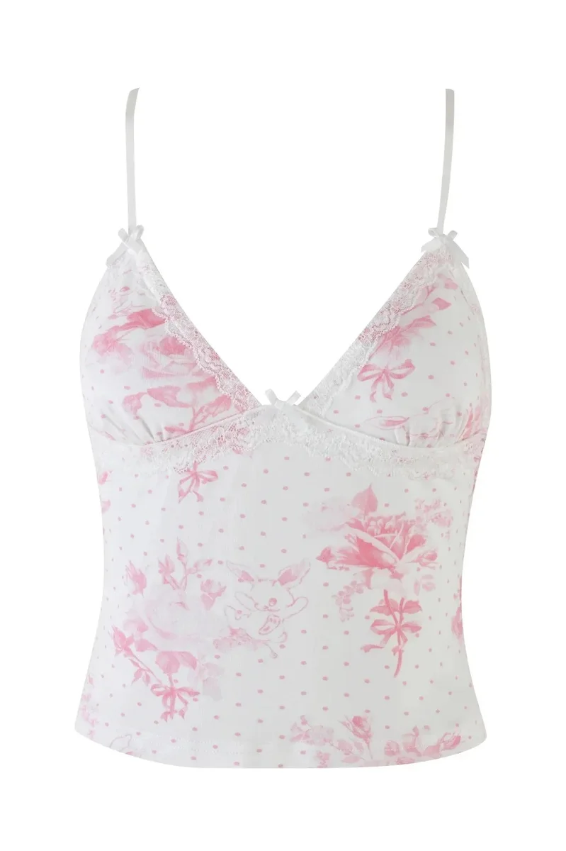 Other Floral Print Lace Trim Camisole Top Pink - 1