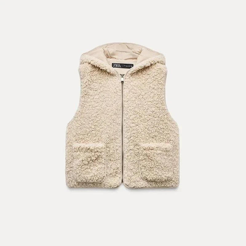 Zara Zara Hooded Faux Fur Vest White White