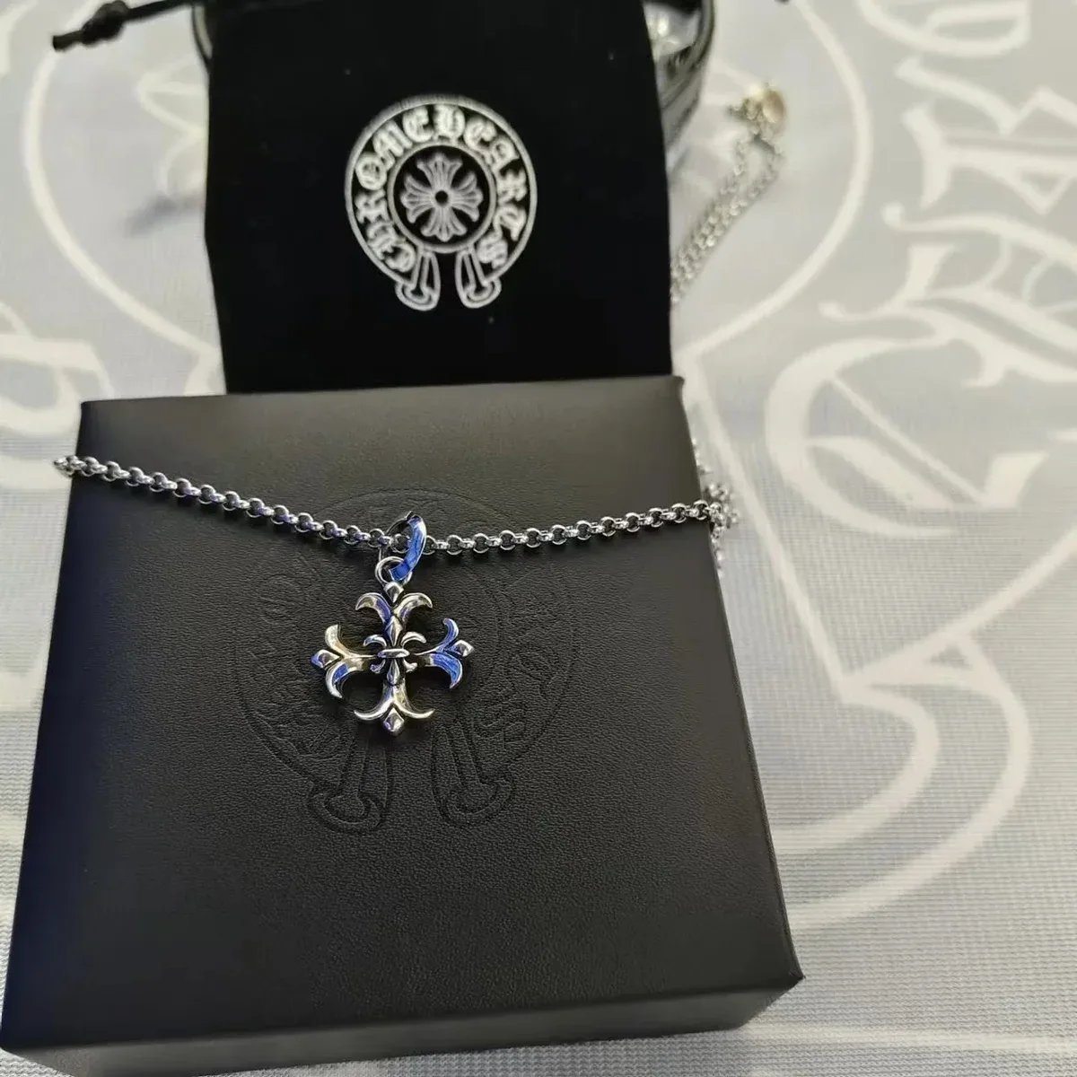 Chrome Hearts Chrome Hearts CH Cross Blue Enamel Necklace Silver