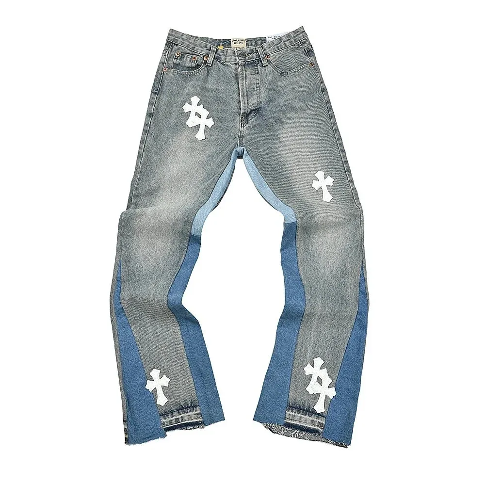 Other Unisex Grey Cross Applique Denim Jeans Grey - 1