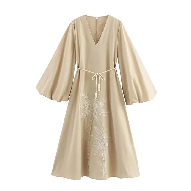 Other Beige Palm Tree Embroidered Midi Dress Beige - 1