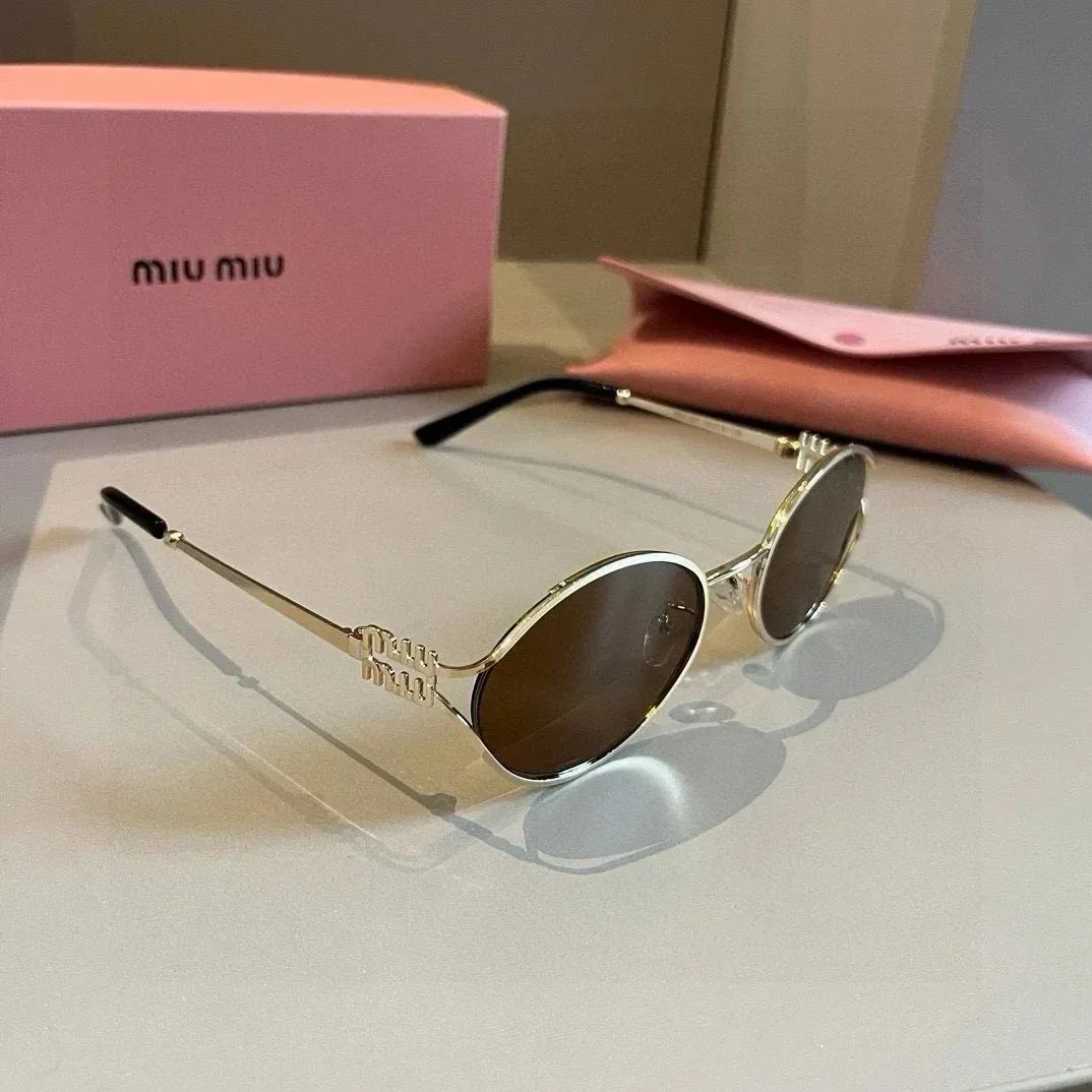 Miu Miu Miu Miu Oval Sunglasses Gold Frame Brown Lenses Eyewear Gold - 1