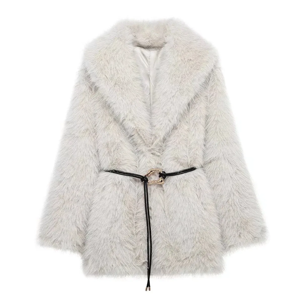 Other Faux Fur Coat in Light Grey with Belted Waist Grey - 1