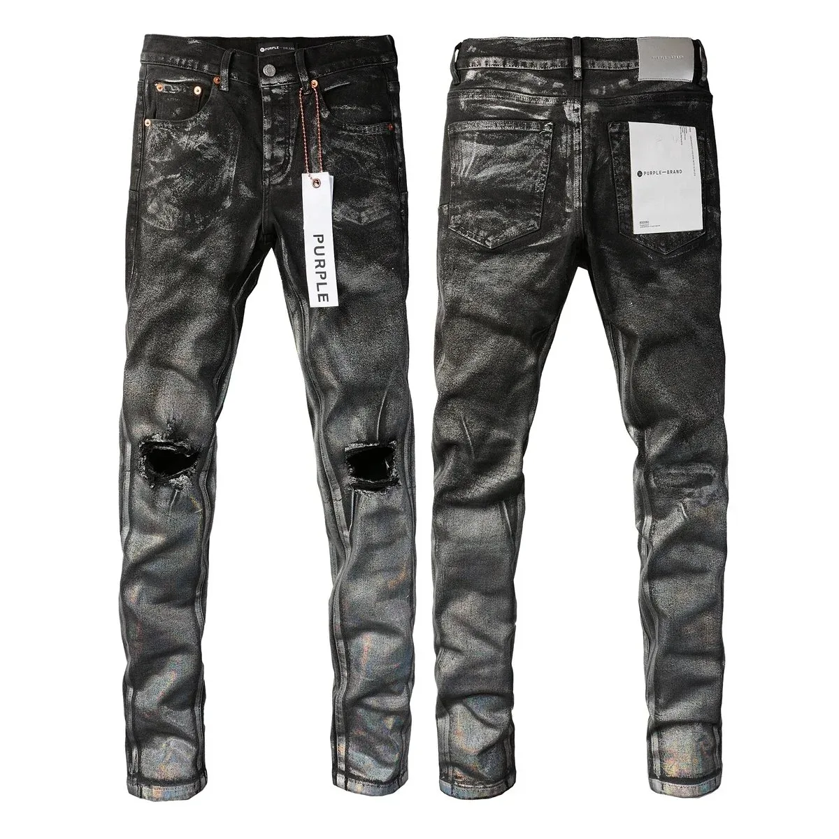 Purple Brand Purple Brand 9028 Metallic Black Distressed Jeans Black - 1