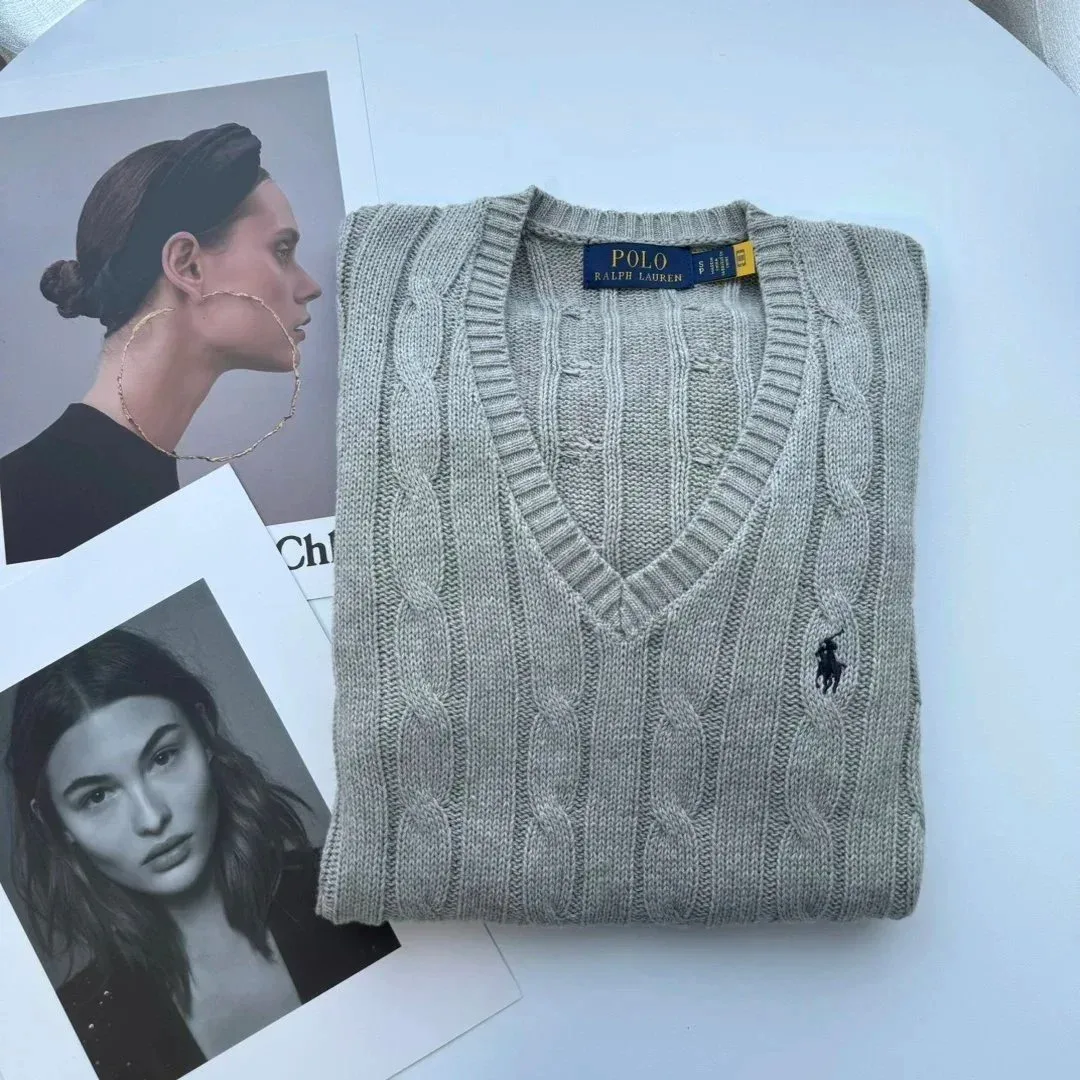 Polo Ralph Lauren Polo Ralph Lauren Grey Cable Knit V-Neck Sweater Grey - 1