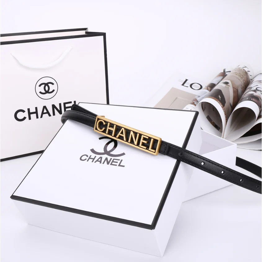 Chanel Chanel Black Leather Belt with Gold Logo Plaque Black