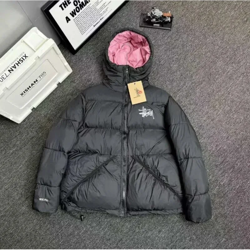 Stussy Stussy Black Pink Hooded Puffer Jacket Black - 1