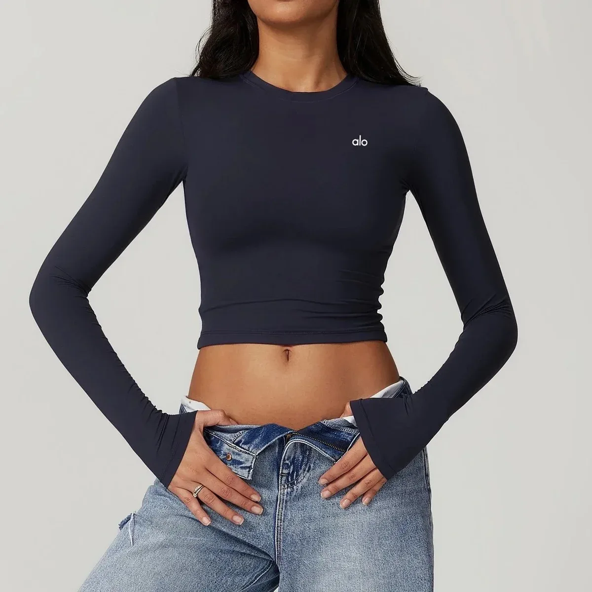 Alo Yoga Alo Solid Cropped Long Sleeve Top Iron Grey Grey - 1