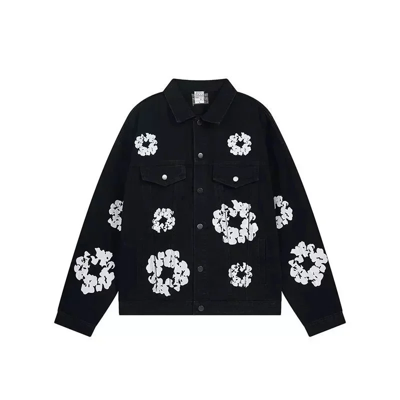 Other Black Floral Print Denim Jacket Black - 1