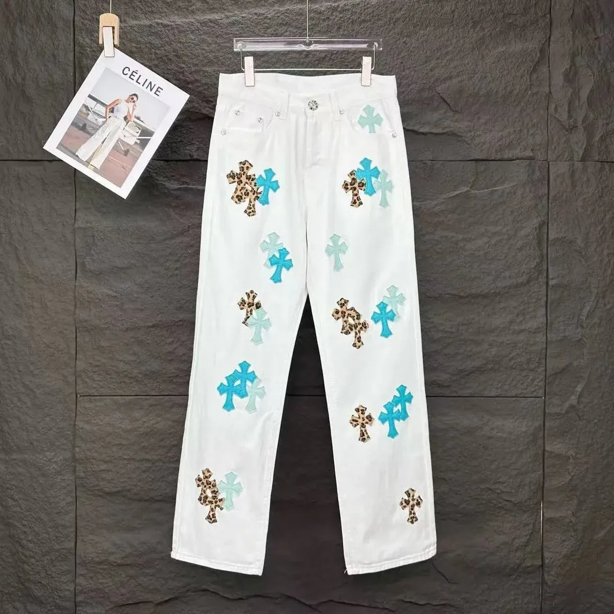 Celine Celine White Cross Embroidered Jeans White - 1