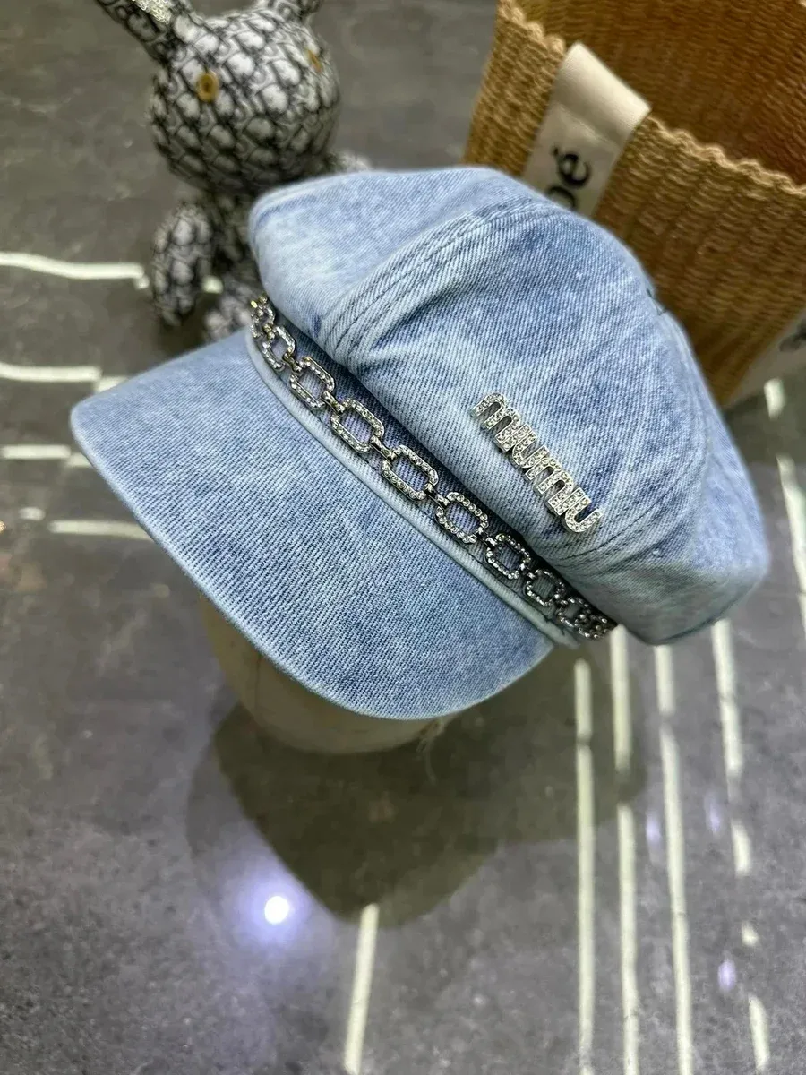 Miu Miu Miu Miu Denim Cap with Crystal Chain Blue
