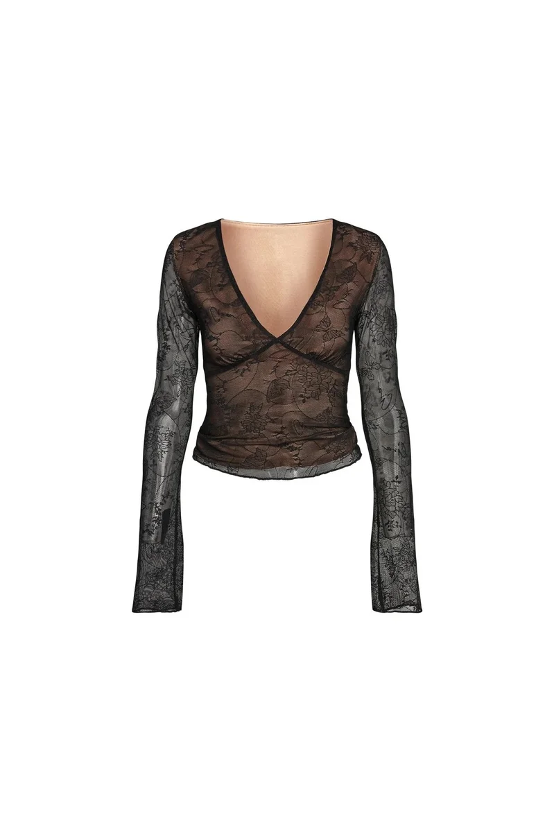 Other Black Lace Top with V-Neck Black - 1