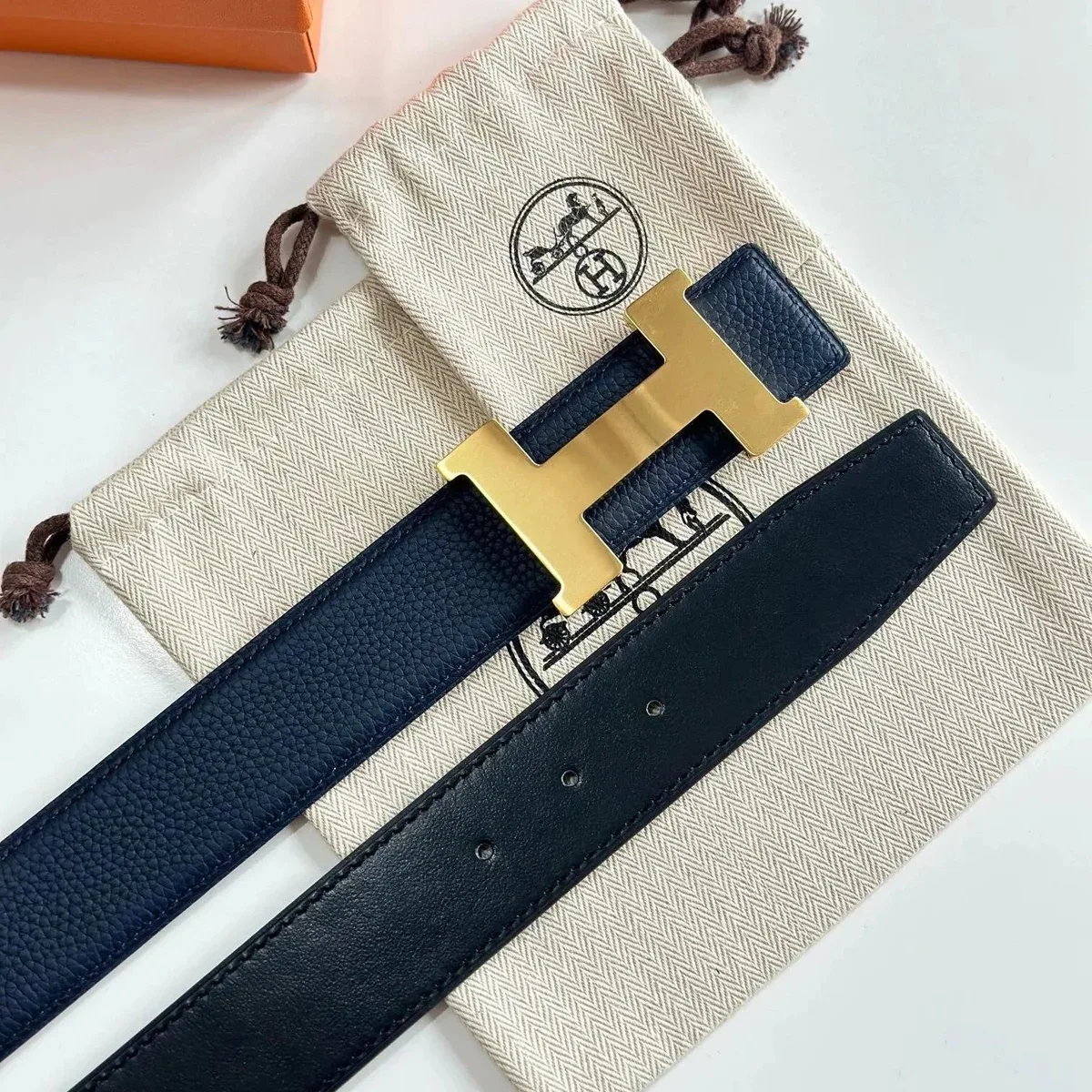 Hermès Hermès H Blue Leather with Rolled Gold H Buckle Belt Blue