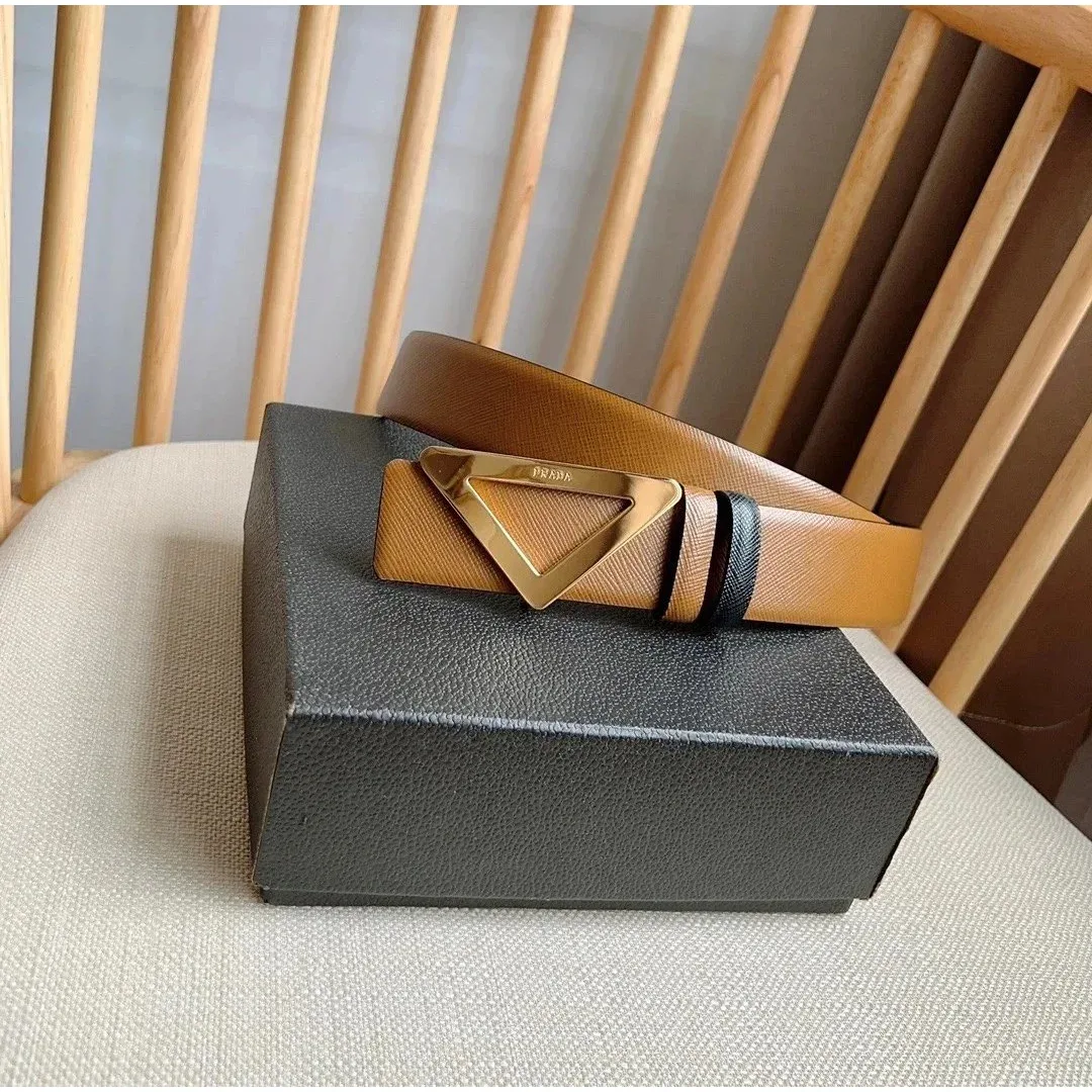 Prada Prada Triangle Logo Belt Tan/Black Brown
