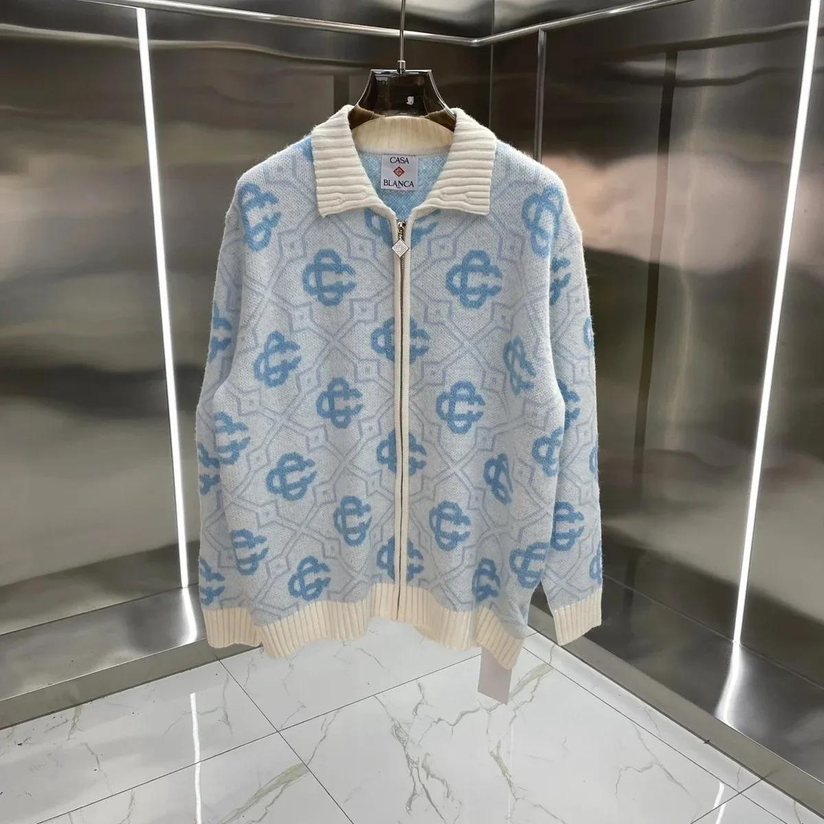 Other Casa Blanca Blue & White Patterned Zip-Up Sweater Blue - 1
