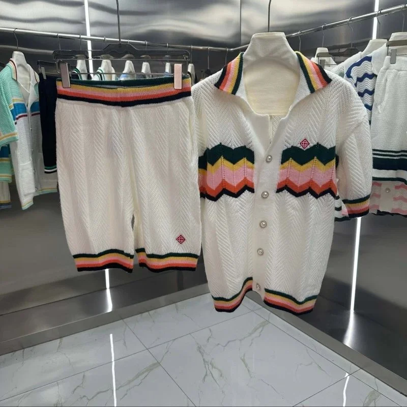 Other Knit Set with Color Block Details Shorts & Cardigan White - 1