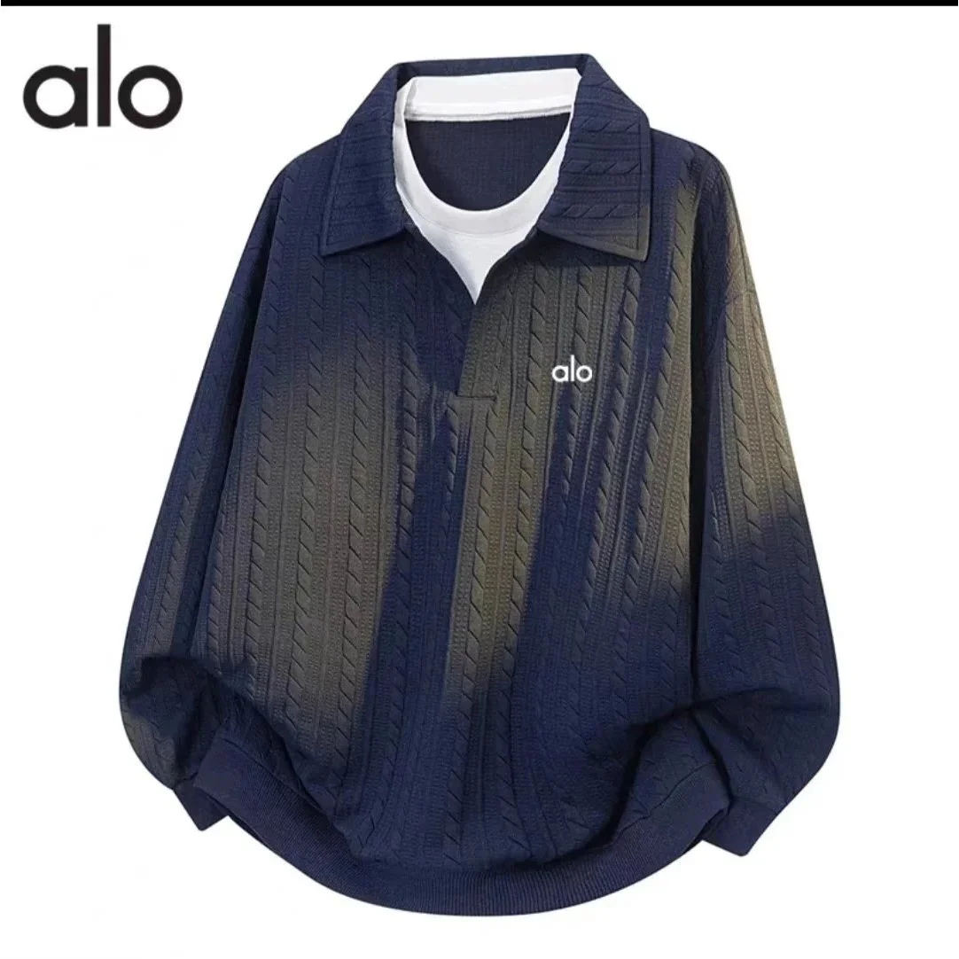 Alo Yoga Alo Navy Cable Knit Polo Shirt Navy - 1