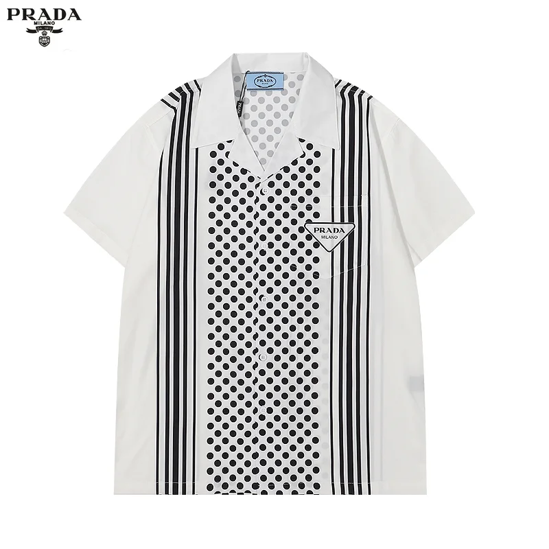 Prada Prada White & Black Striped Polka Dot Short Sleeve Shirt White - 1