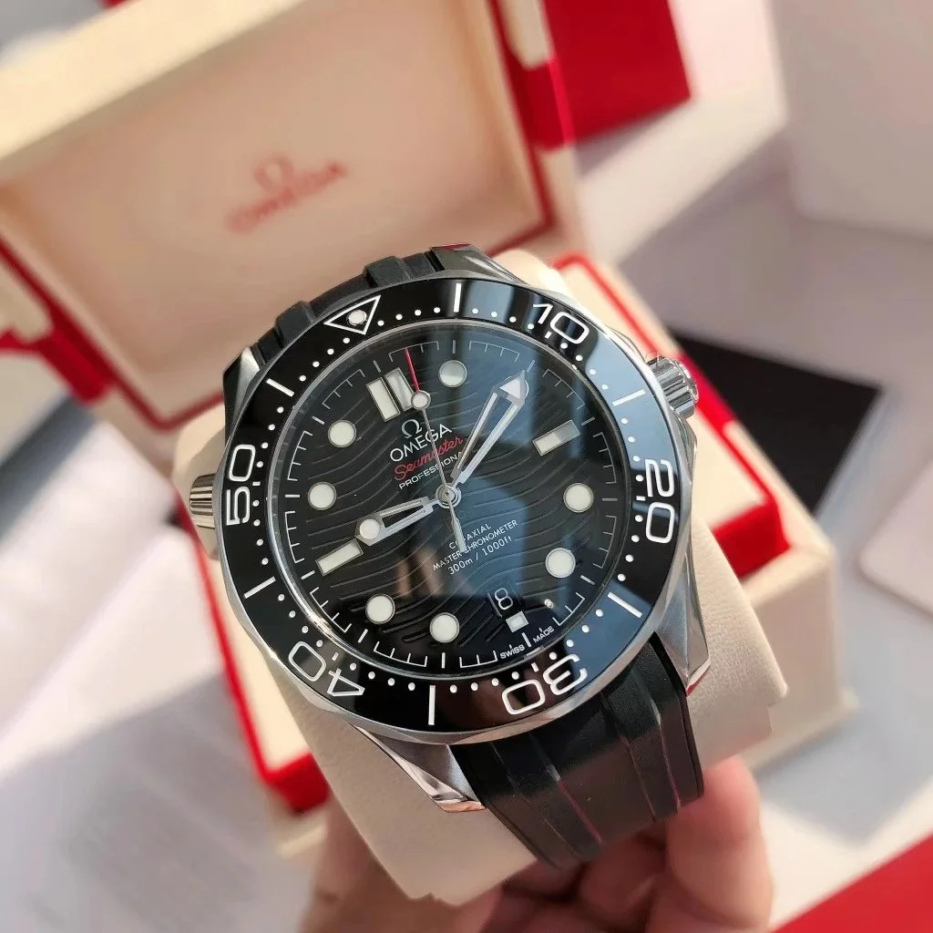 Omega Omega Seamaster Professional Silver Case Black Dial Black Rubber Strap Watch Black