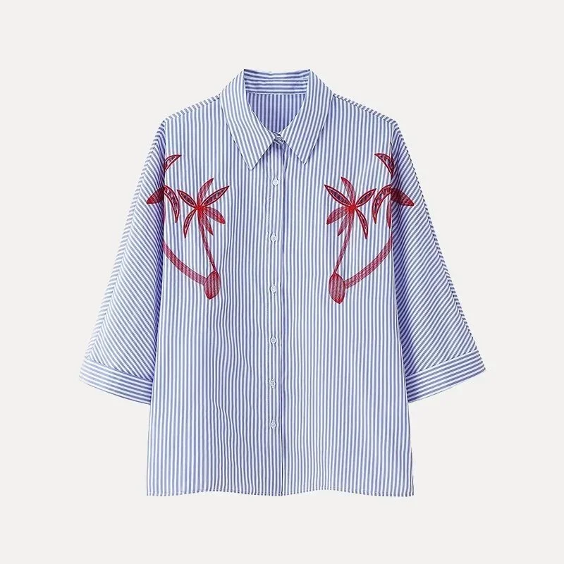 Other Blue & White Striped Palm Tree Embroidered Shirt Blue - 1