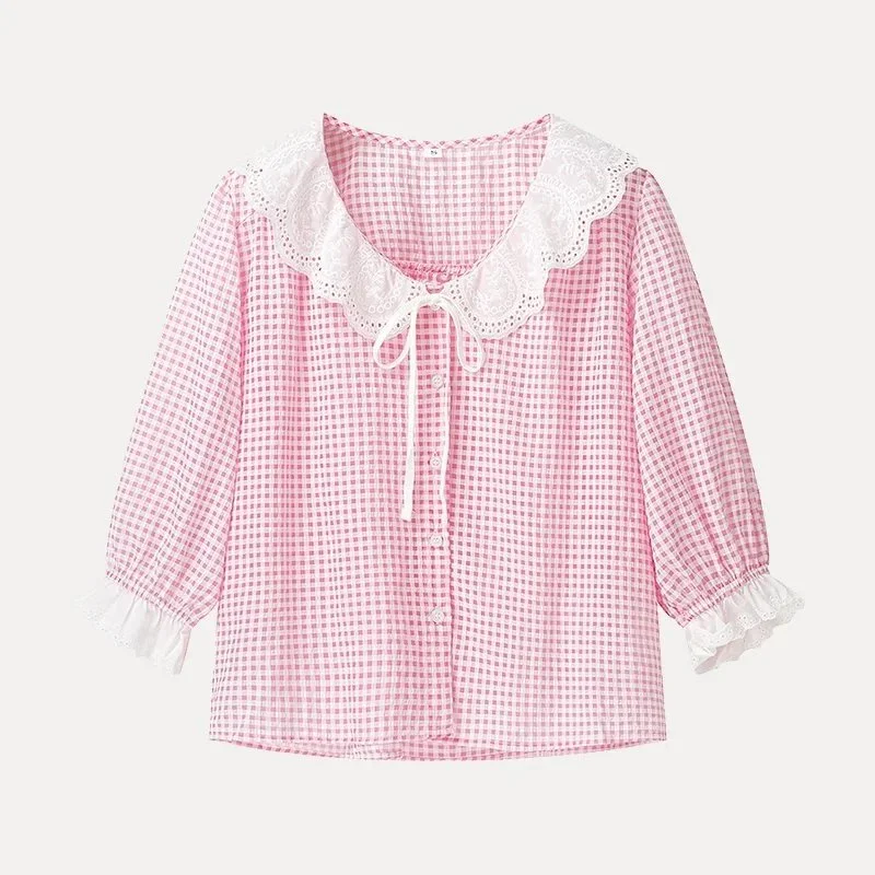 Other Pink Gingham Lace Collar Blouse Pink - 1