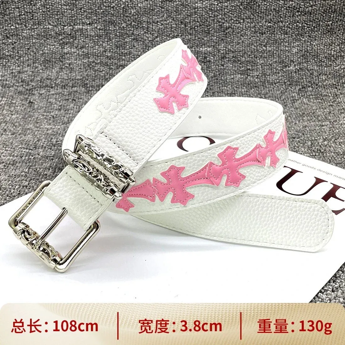 Other White Leather Belt with Pink Cross Embroidery and Silver Buckle White - 1