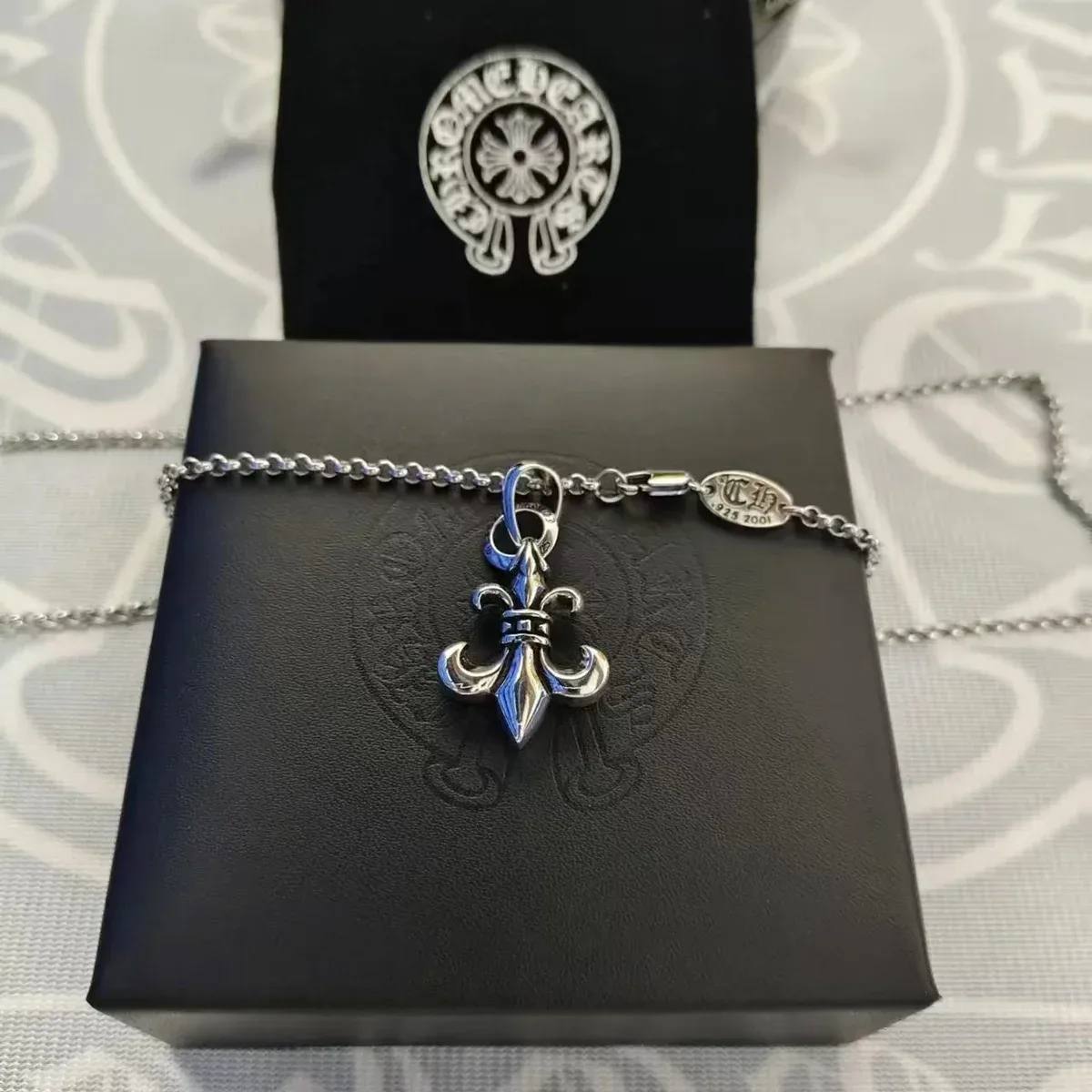 Chrome Hearts Chrome Hearts Fleur-de-Lis Necklace Small Anchor with Pearl Chain Silver