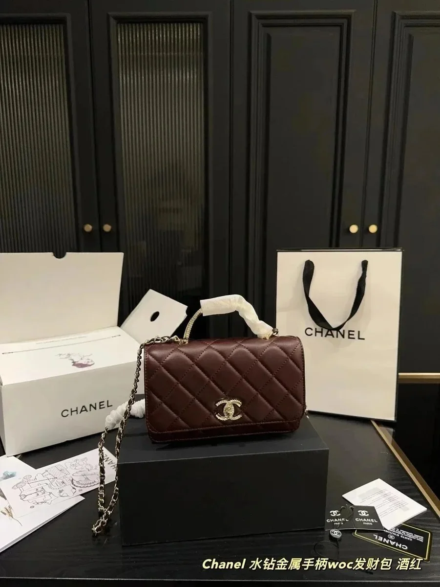 Chanel Chanel Wallet on Chain Rhinestone Handle Burgundy Handbag Red
