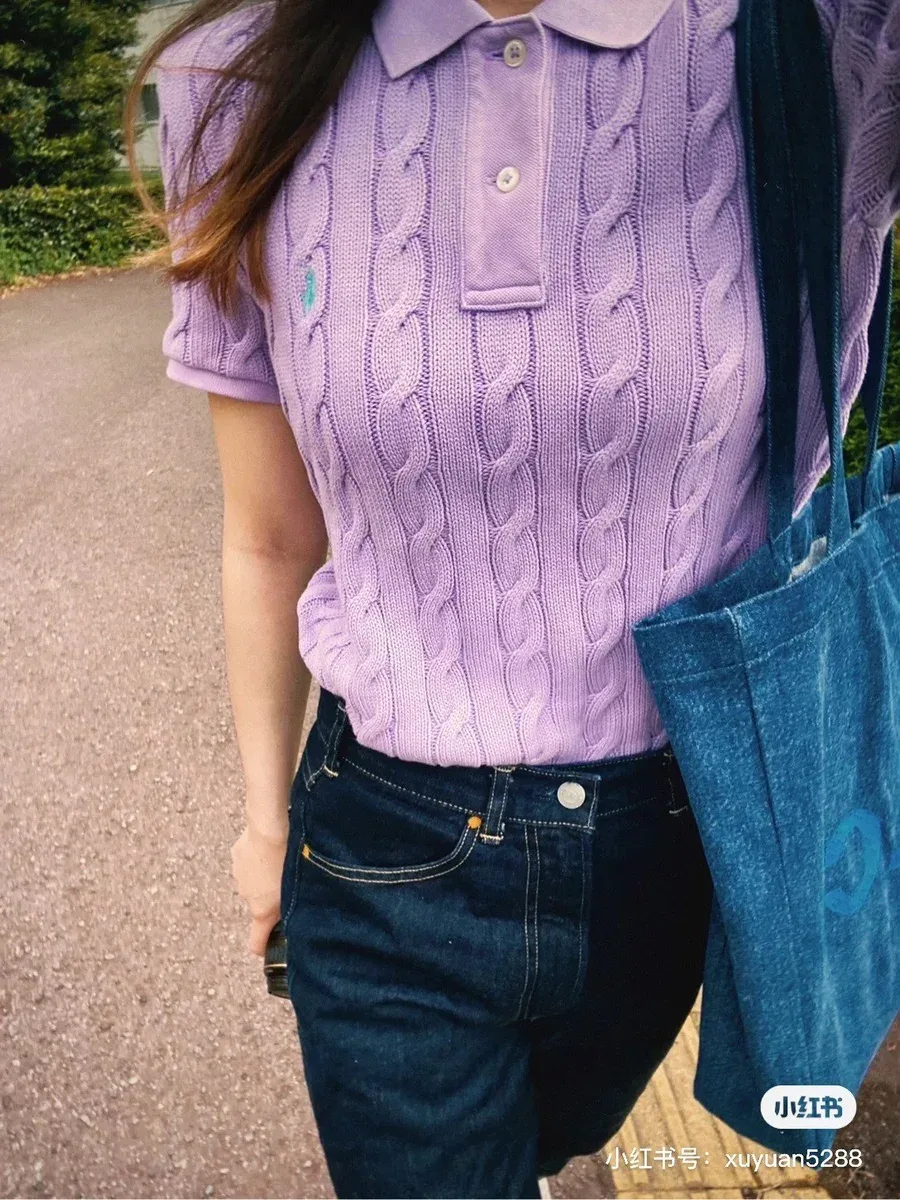 Polo Ralph Lauren Polo Ralph Lauren Big Pony Cable Knit Polo Shirt Lilac Purple - 1
