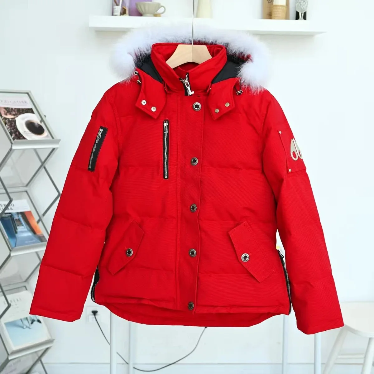 Chrome Hearts Chrome Hearts Red Puffer Jacket with White Fur Hood Red