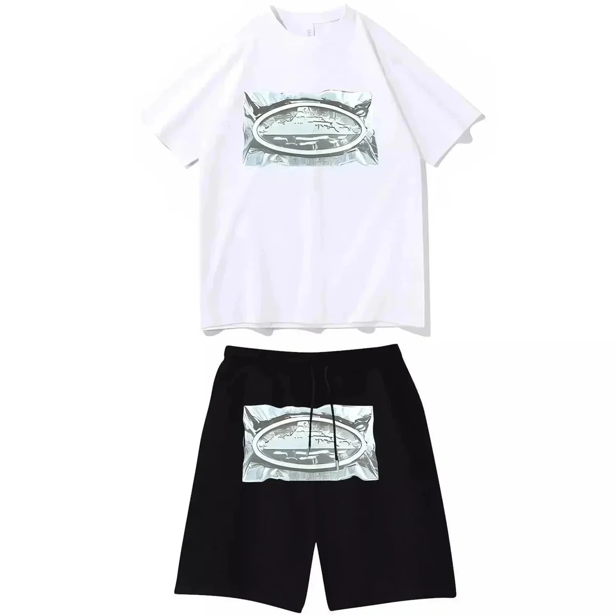 Other Unisex White & Black T-Shirt and Shorts Set with Foil Print White - 1