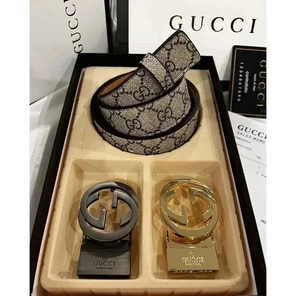 Gucci Gucci GG Supreme Belt Beige/Silver Leather Beige - 1