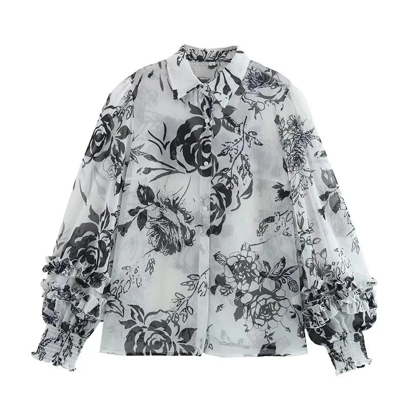 Other Floral Print Blouse with Ruffled Sleeves White - 1