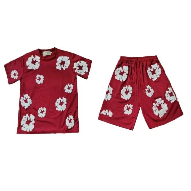 Other 06酒红套装 Solid Floral T-Shirt & Shorts Set Red - 1