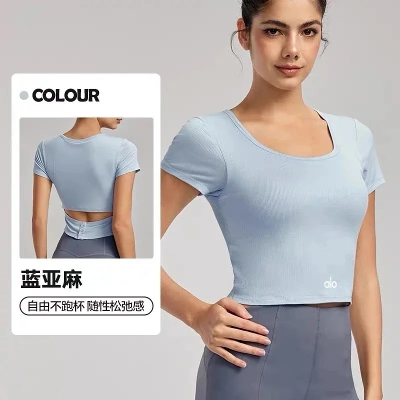 Alo Yoga Alo Blue Linen Crop Top T-Shirt Blue - 1
