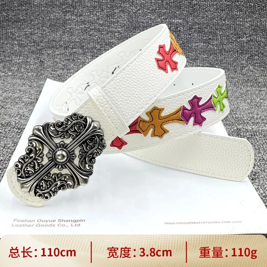 Other White Cross Embroidery Belt with Ornate Buckle White - 1