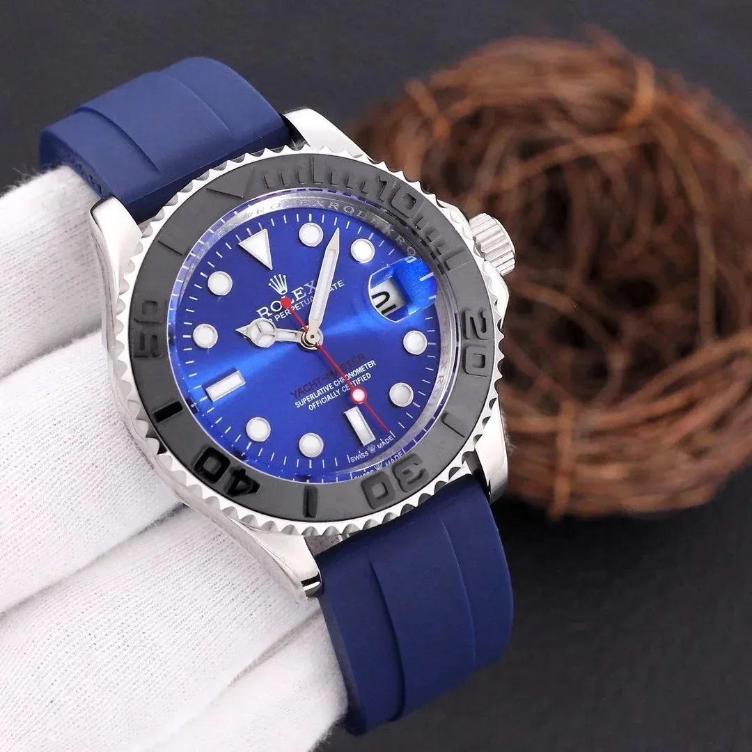Rolex Rolex Yacht-Master Silver Case Blue Dial Blue Rubber Strap Watch Blue