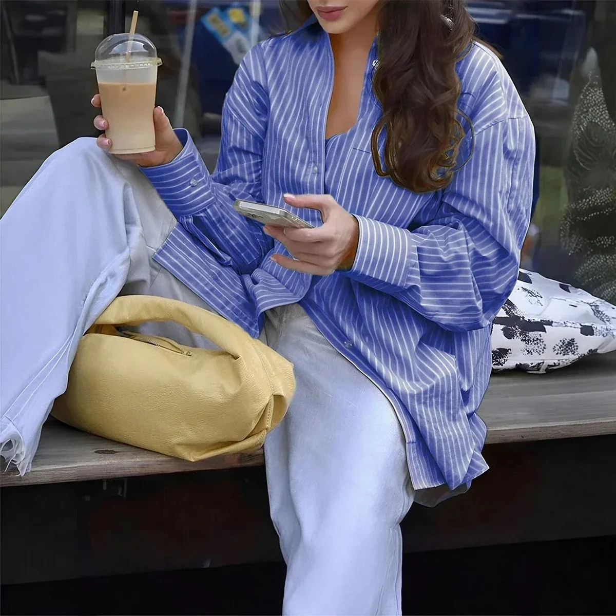 Other Striped Oversized Button-Up Shirt in Blue White Blue - 1