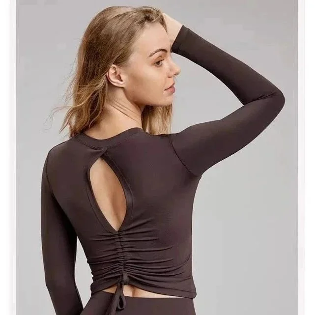 Other Long Sleeve Crop Top with Keyhole Back in Chestnut Brown Brown - 1