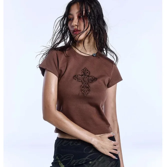 Other Brown Cross Print Crop Top T-Shirt Brown - 1