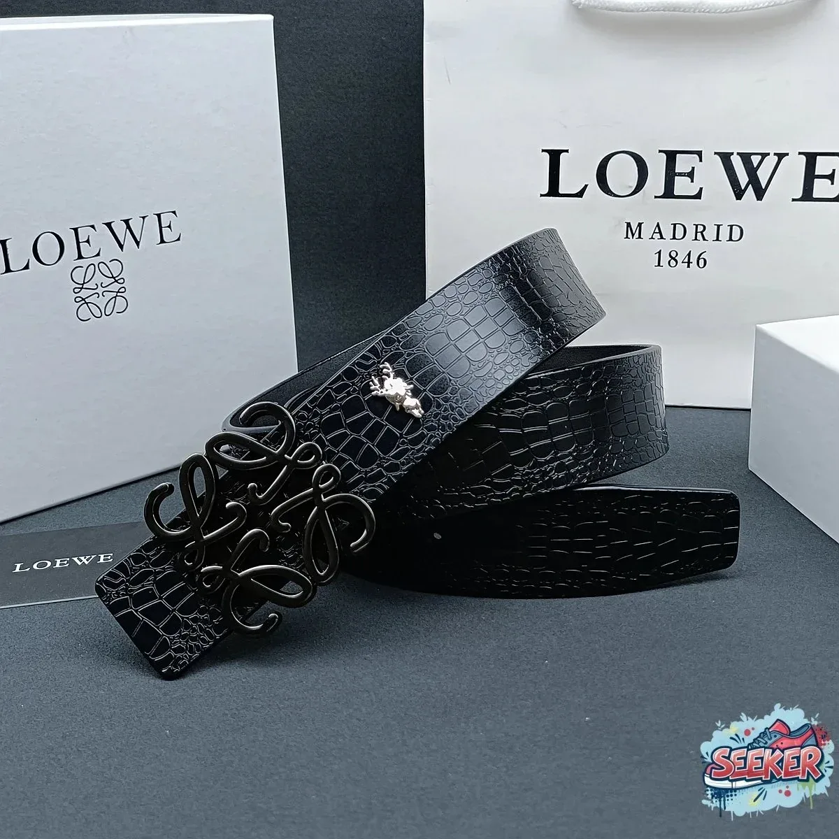 Loewe Loewe Alligator Texture Belt Black Leather Belt Black - 1