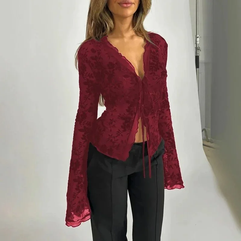 Other Red Floral Lace Top with Flared Sleeves Red - 1
