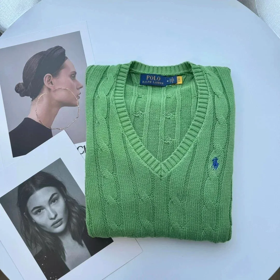 Polo Ralph Lauren Polo Ralph Lauren Green Cable Knit V-Neck Sweater Green - 1