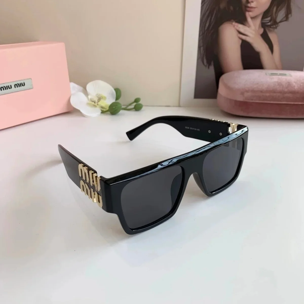 Miu Miu Miu Miu Black Gold Logo Sunglasses Black - 1