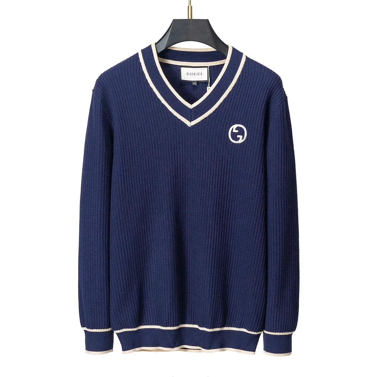 Gucci Gucci Navy Blue V-Neck Sweater with GG Logo Navy - 1